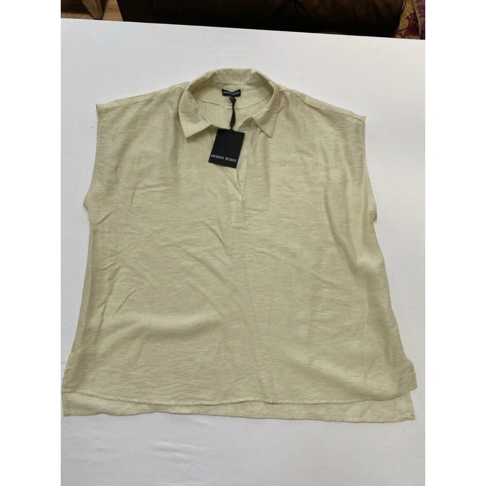 Modern Works 1X Yellow Linen Blend Split Neck Sleeveless Top NWT